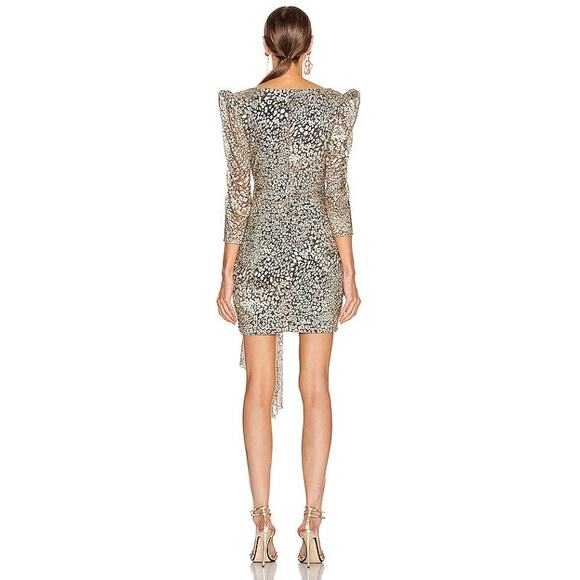 PATBO Gold Metallic lurex mesh fabric Leopard Drape Mini Dress sz 4 - Picture 2 of 10